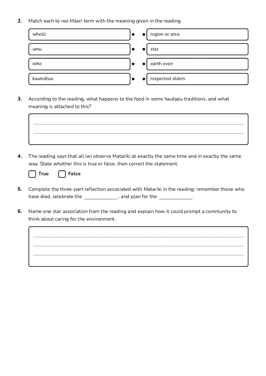 Matariki Hautapu Learning Guide, page 2 of 3: 2. Match each te reo Mā ori term with the meaning given in the reading.