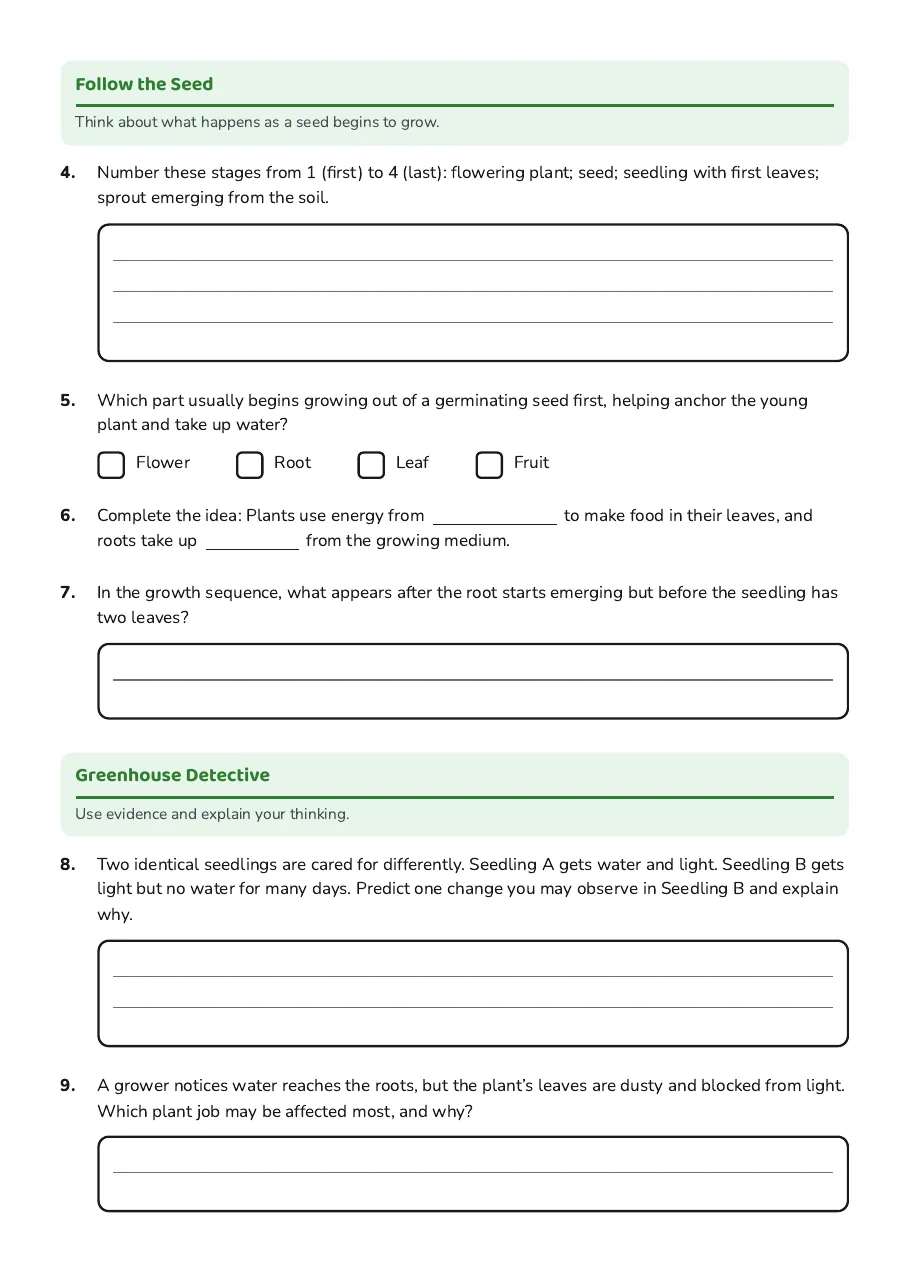 Plant Parts and Growth, page 2 of 3: Follow the Seed, Greenhouse Detective