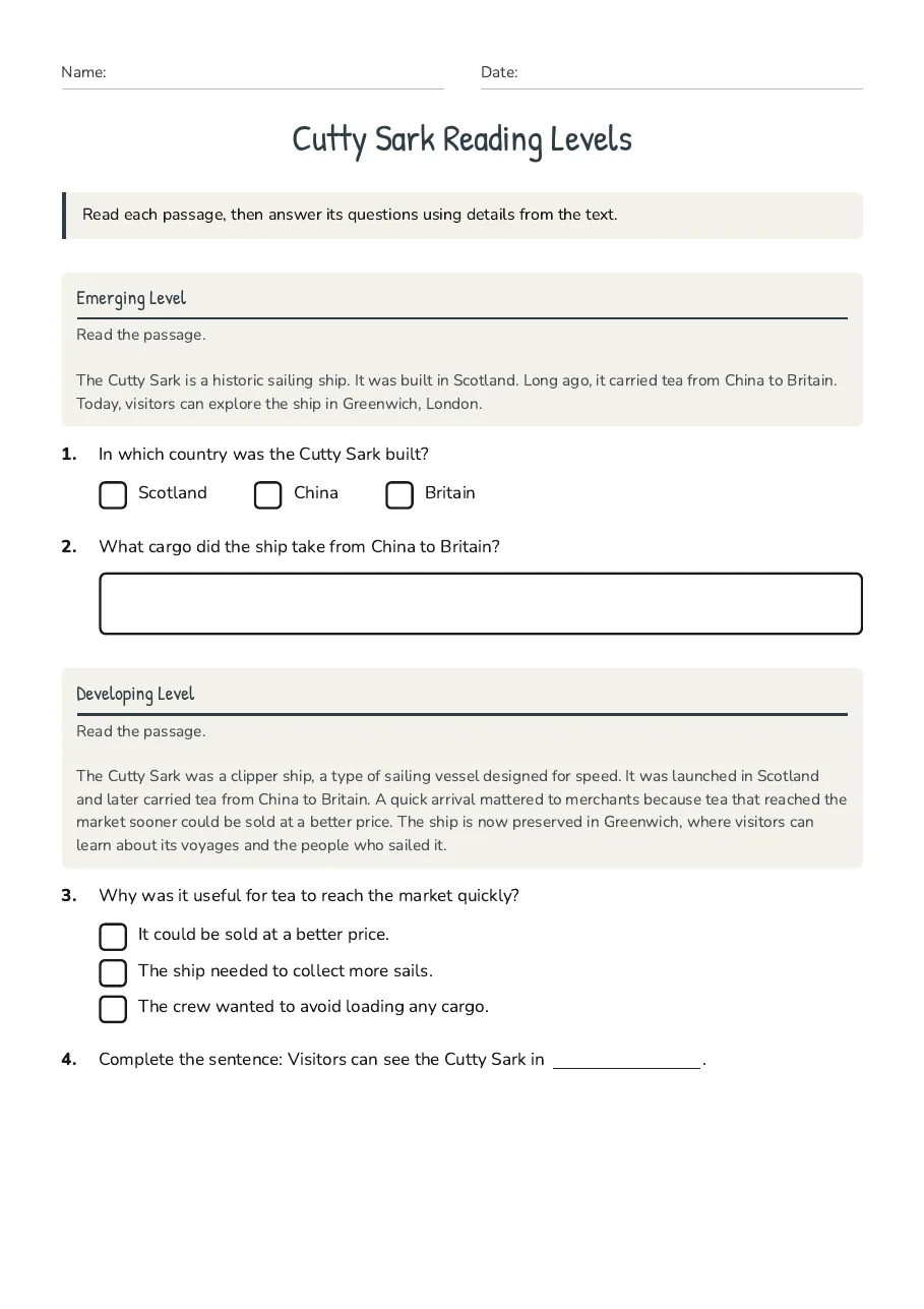 Cutty Sark Reading Levels, page 1 of 2: Emerging Level, Developing Level