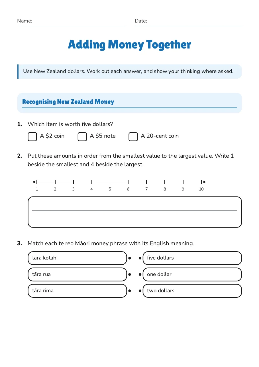 Adding Money Together, page 1 of 3: Recognising New Zealand Money, Adding Money