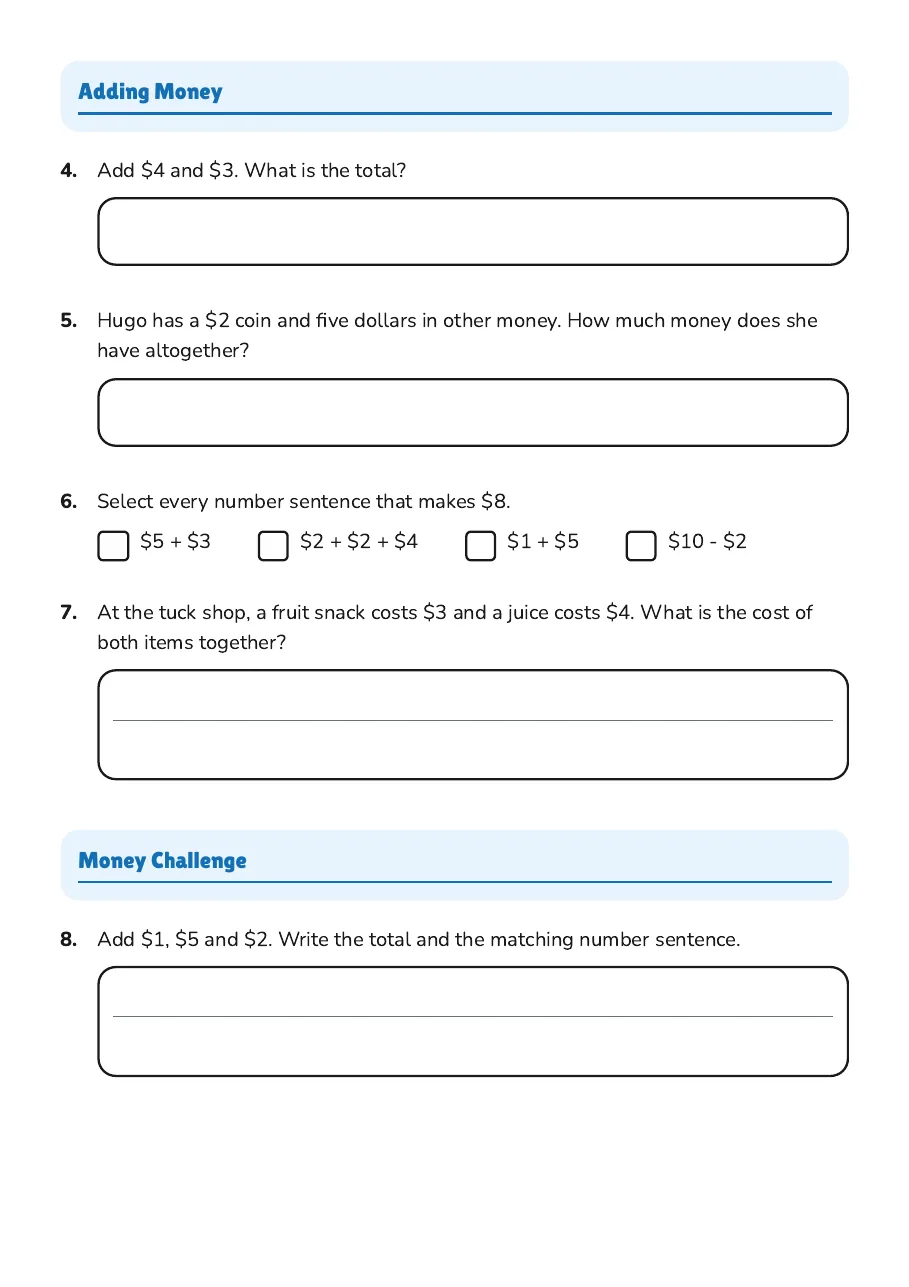 Adding Money Together, page 2 of 3: Adding Money, Money Challenge
