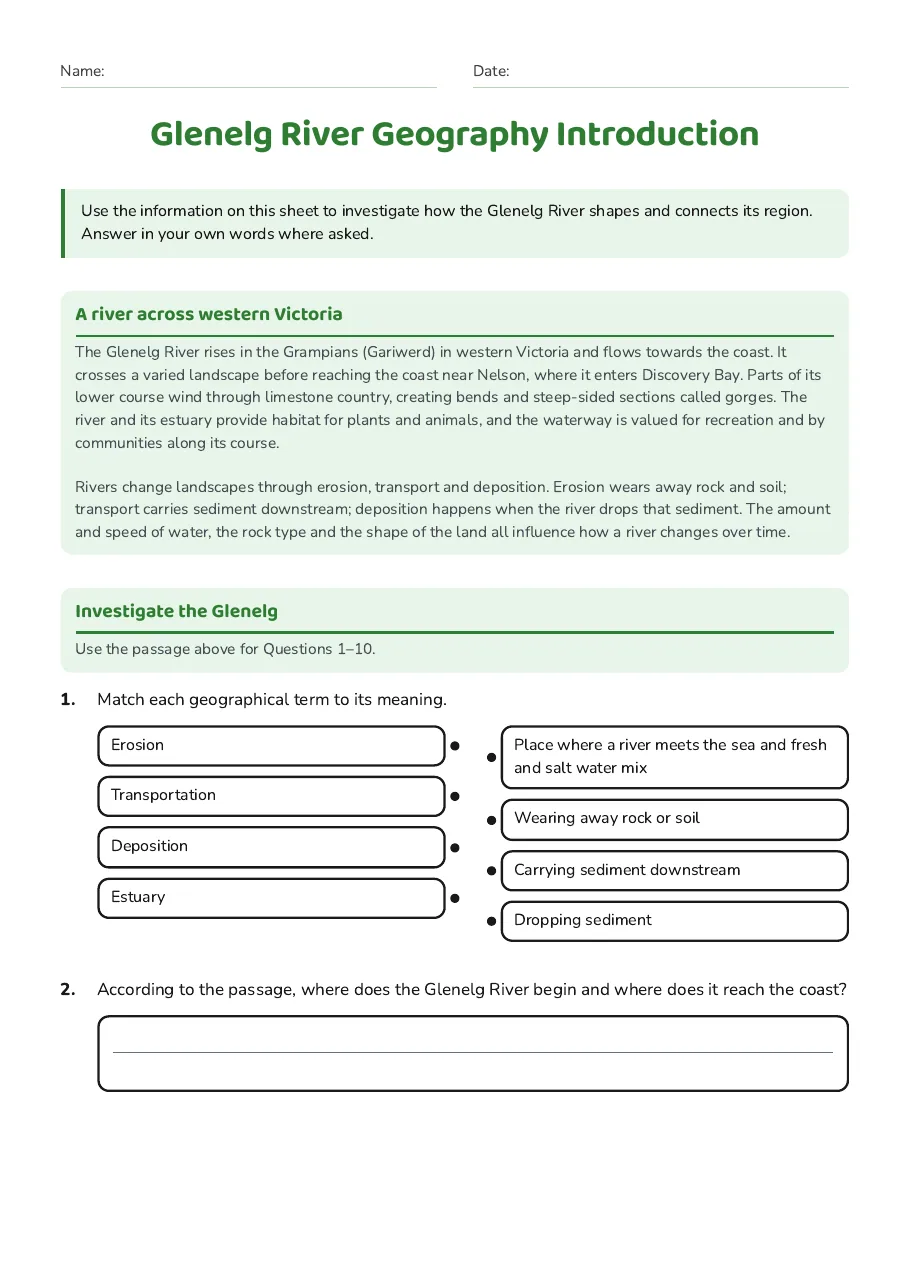 Glenelg River Geography Introduction, page 1 of 3: A river across western Victoria, Investigate the Glenelg