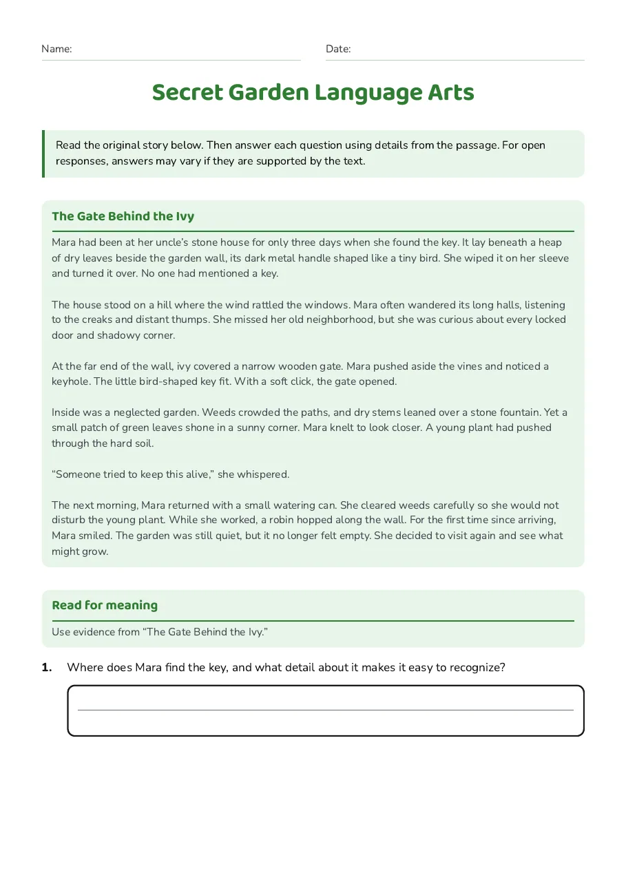 Secret Garden Language Arts, page 1 of 4: The Gate Behind the Ivy, Read for meaning
