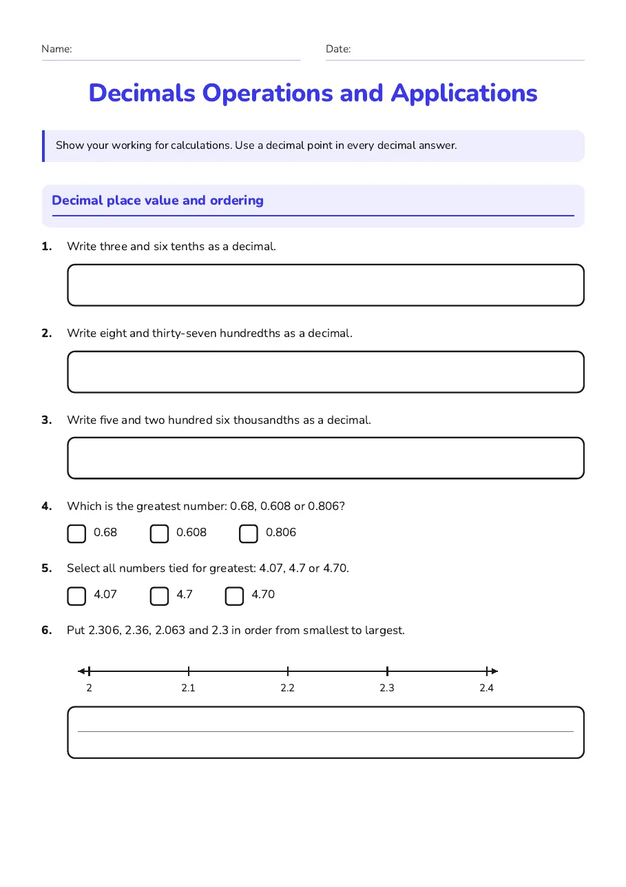 Decimals Operations and Applications, page 1 of 5: Decimal place value and ordering