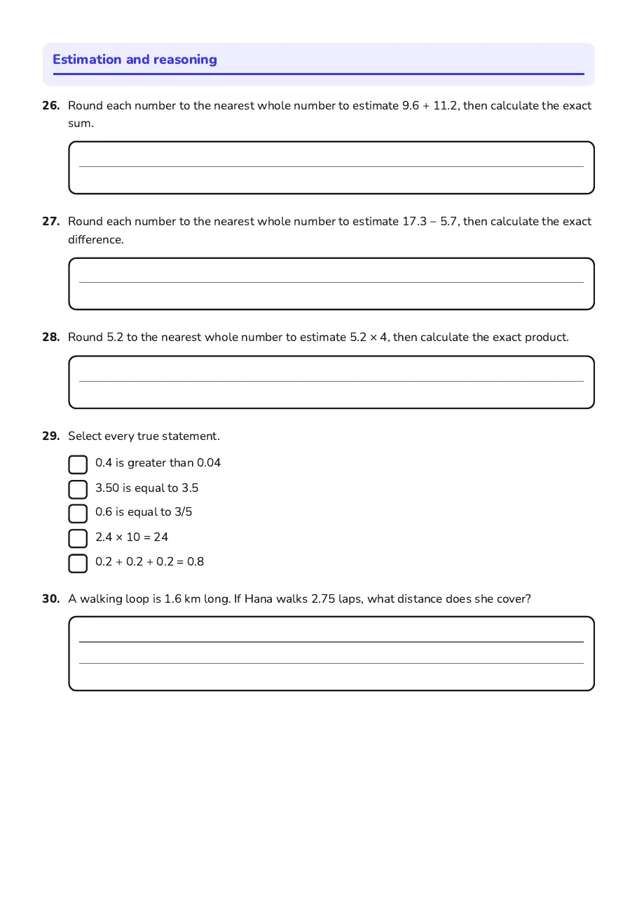 Decimals Operations and Applications, page 5 of 5: Estimation and reasoning