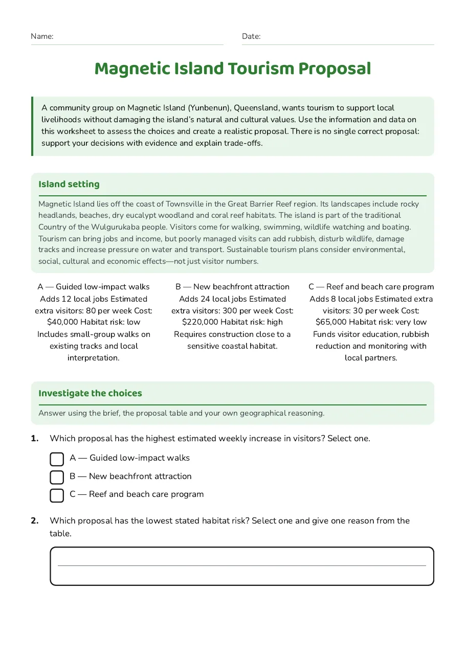 Magnetic Island Tourism Proposal, page 1 of 3: Island setting, Investigate the choices
