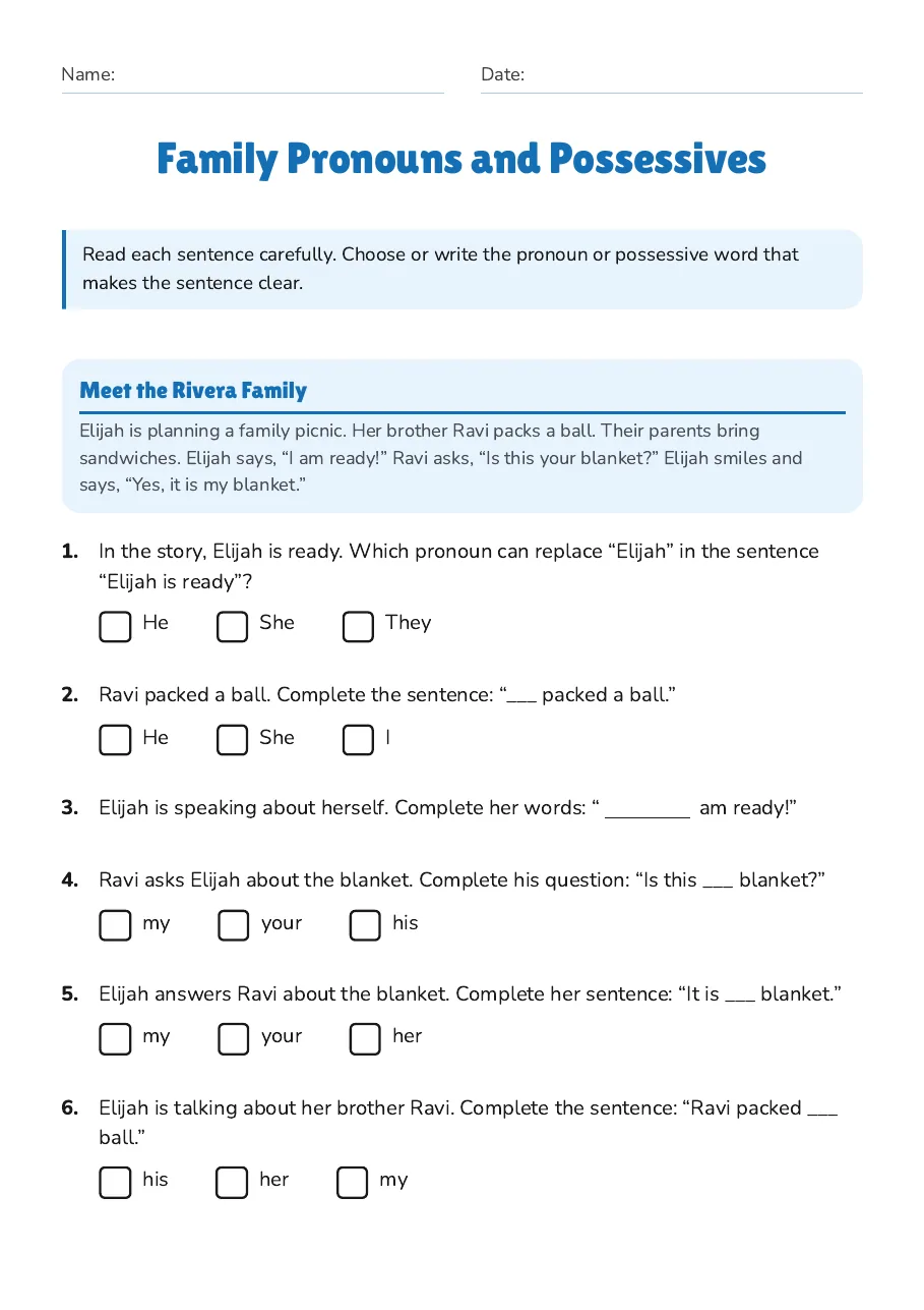Family Pronouns and Possessives, page 1 of 2: Meet the Rivera Family