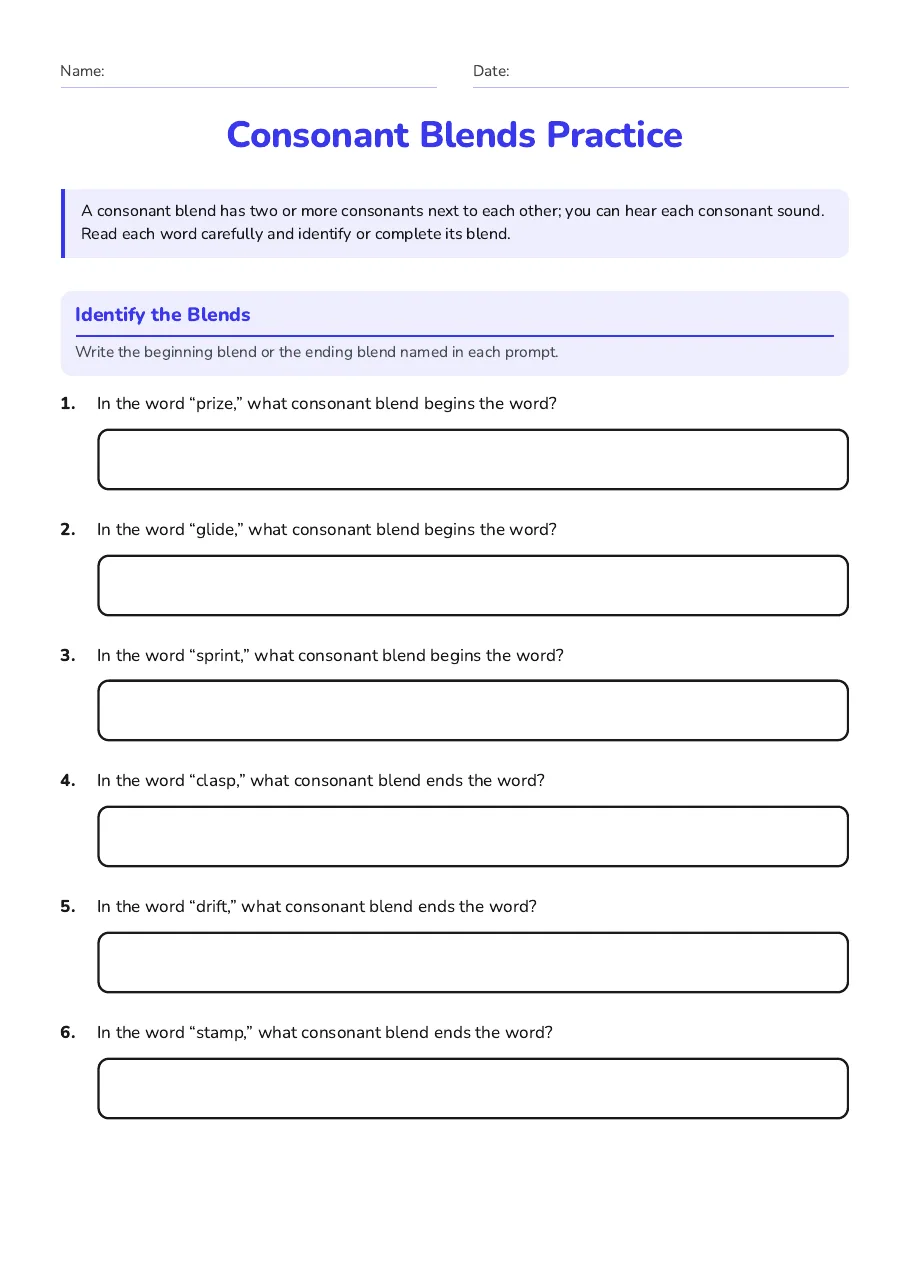 Consonant Blends Practice, page 1 of 3: Identify the Blends