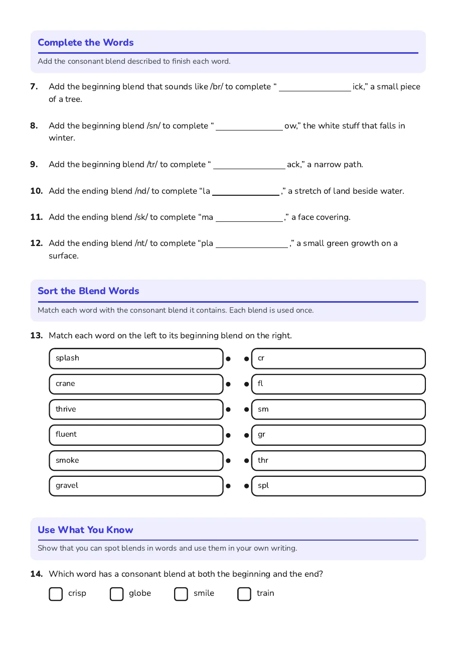 Consonant Blends Practice, page 2 of 3: Complete the Words, Sort the Blend Words, Use What You Know