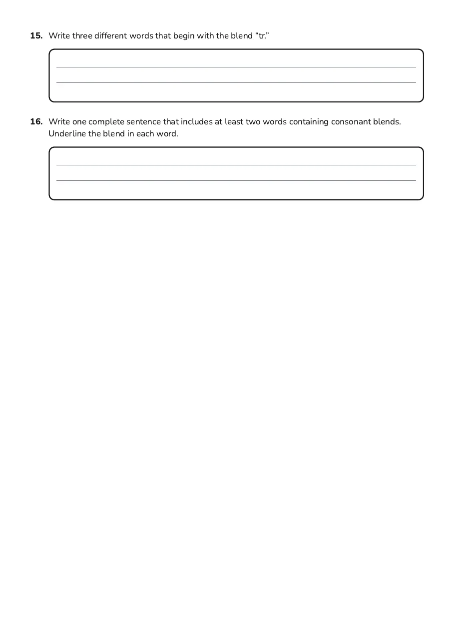 Consonant Blends Practice, page 3 of 3: 15. Write three different words that begin with the blend “tr.”