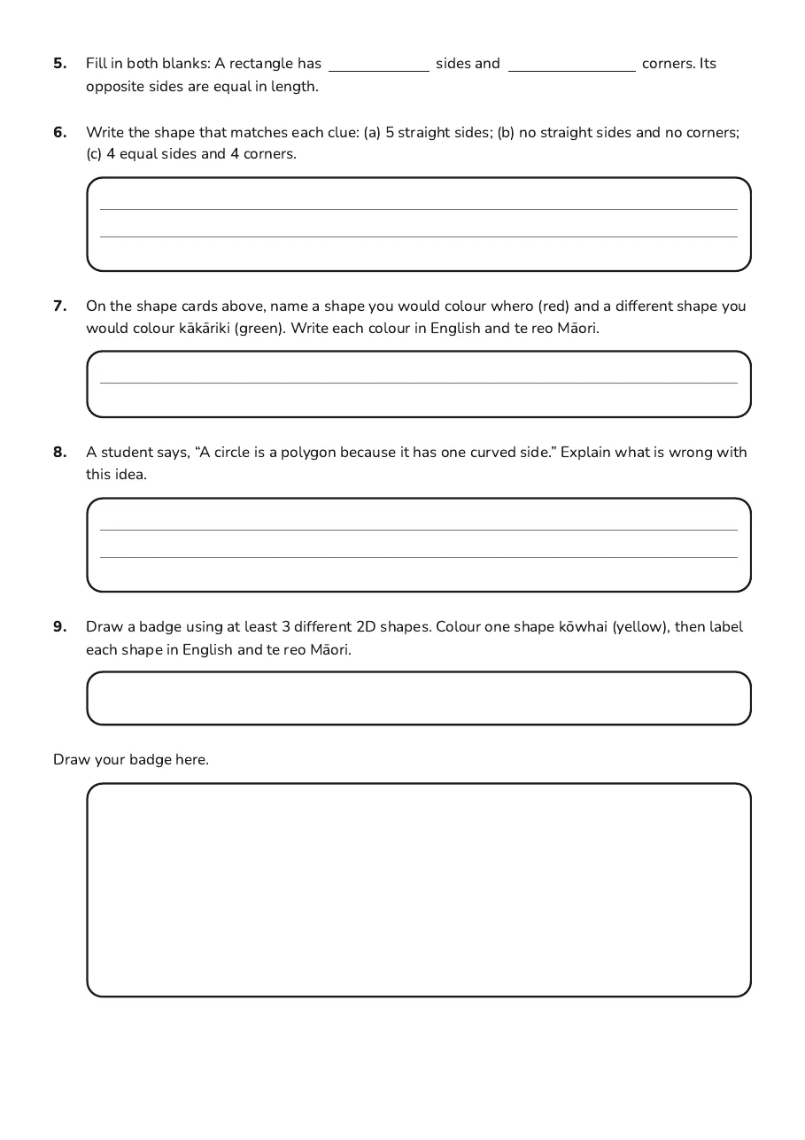 Shapes and Colours Bilingual, page 2 of 2: 5. Fill in both blanks: A rectangle has sides and corners. Its