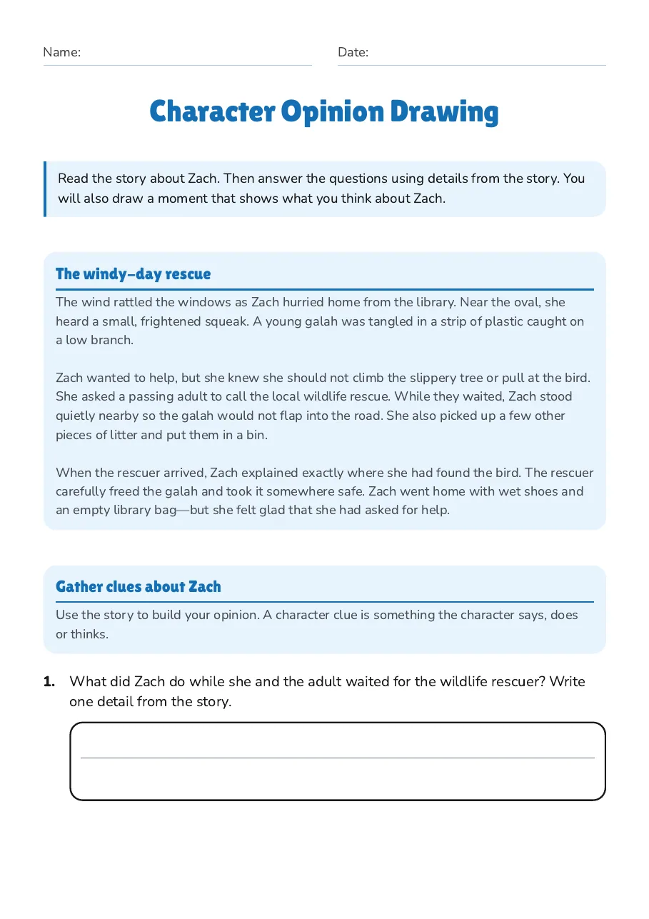 Character Opinion Drawing, page 1 of 3: The windy-day rescue, Gather clues about Zach