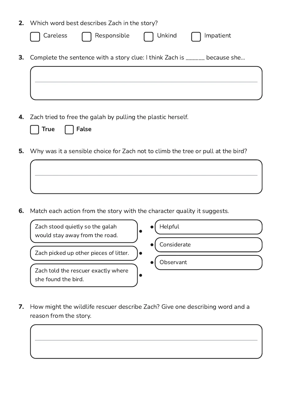 Character Opinion Drawing, page 2 of 3: 2. Which word best describes Zach in the story?