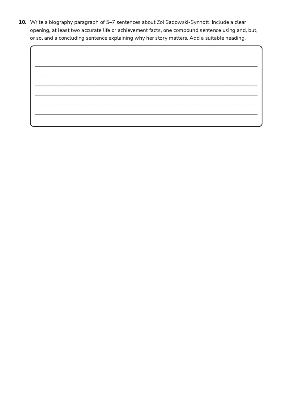 Winter Olympic Biography Writing, page 3 of 3: 10. Write a biography paragraph of 5–7 sentences about Zoi Sadowski-Synnott. Include a…