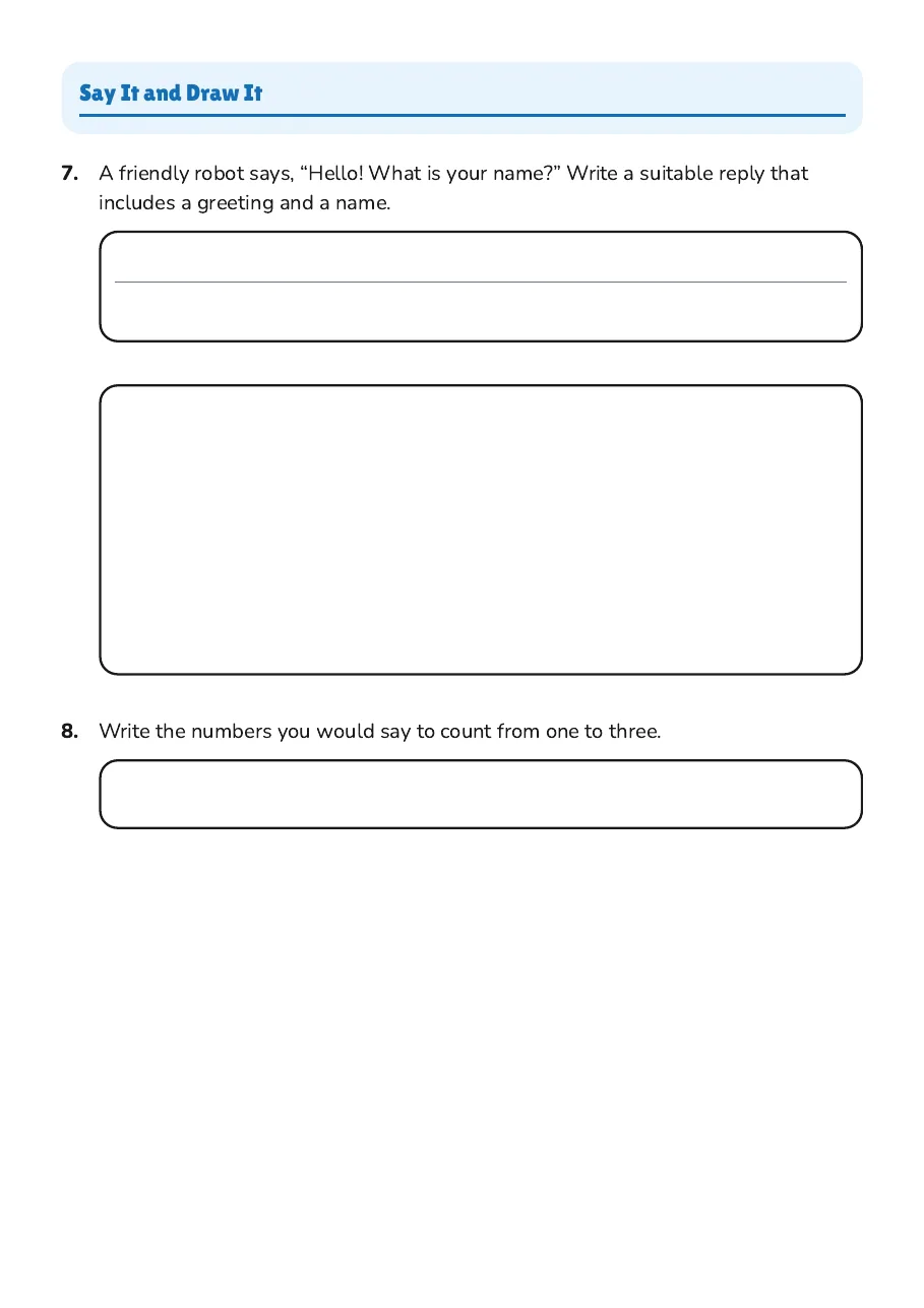 Practice with alphabet order, counting, greetings, polite words, and a friendly conversation, plus a drawing activity.