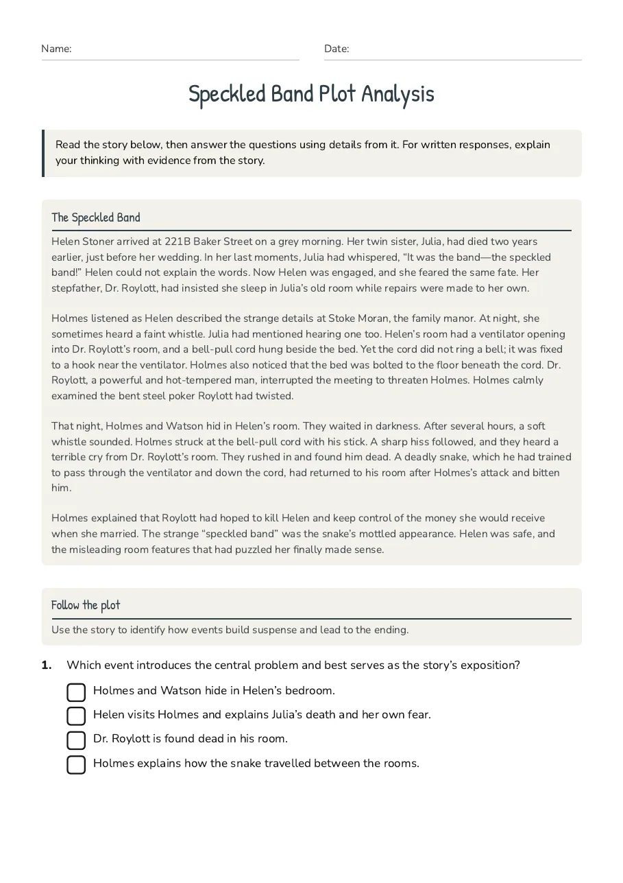 Speckled Band Plot Analysis, page 1 of 3: The Speckled Band, Follow the plot