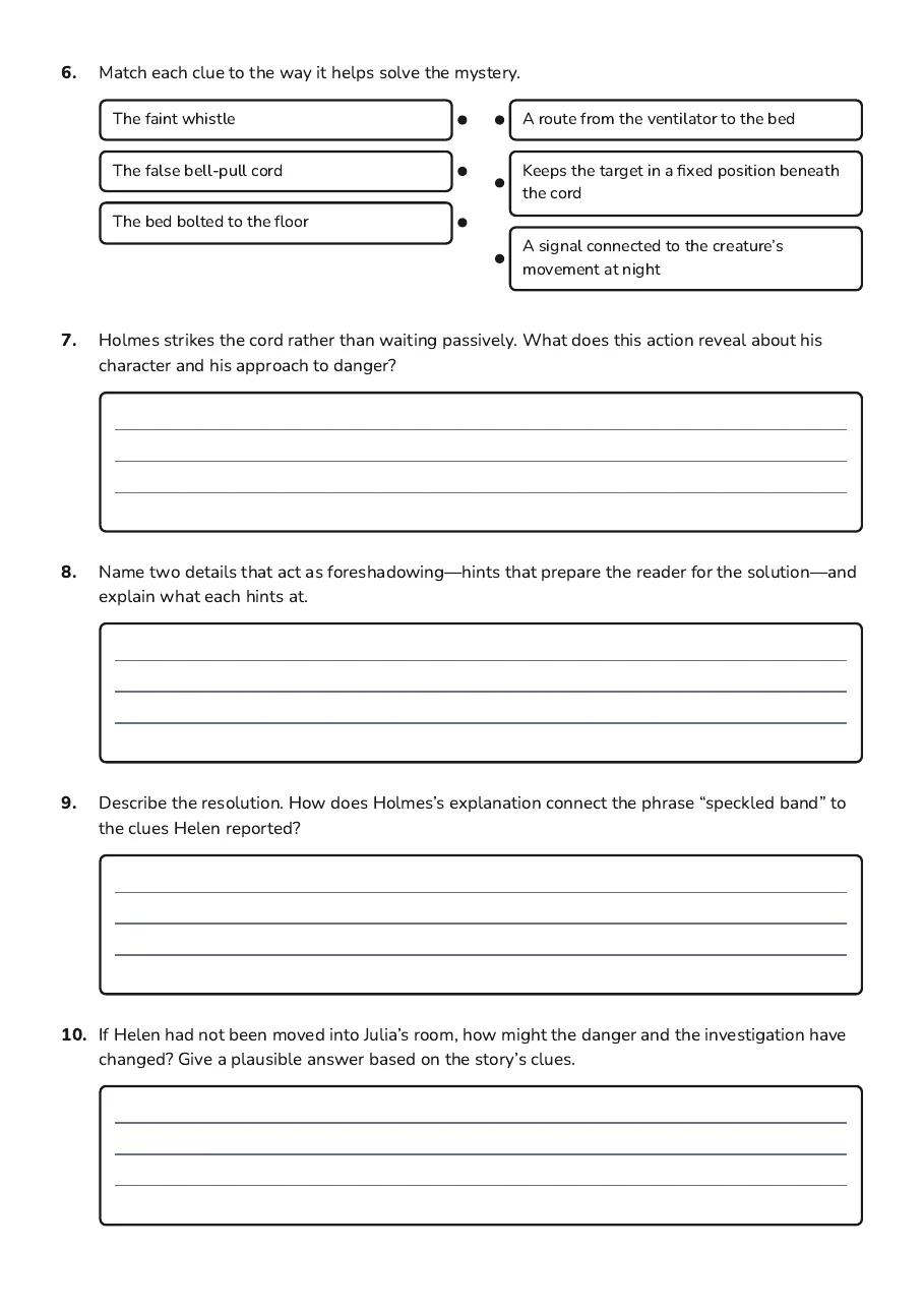 Speckled Band Plot Analysis, page 3 of 3: 6. Match each clue to the way it helps solve the mystery.
