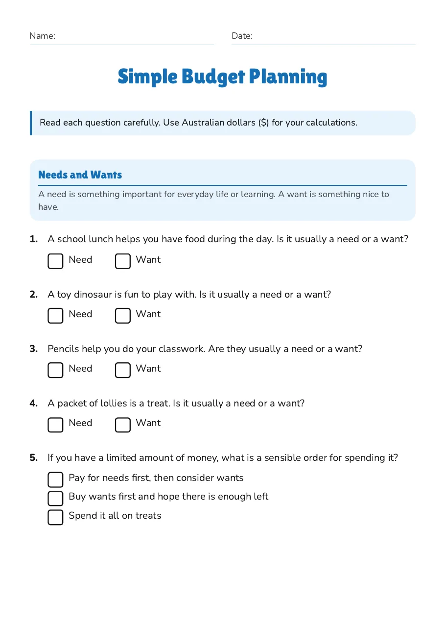 Simple Budget Planning, page 1 of 3: Needs and Wants