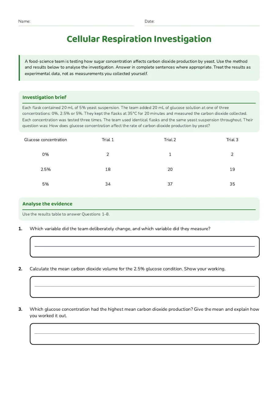 Cellular Respiration Investigation, page 1 of 2: Investigation brief, Analyse the evidence