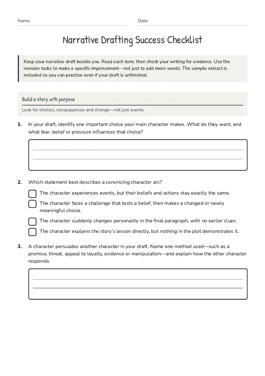 Narrative Drafting Success Checklist, page 1 of 3: Build a story with purpose