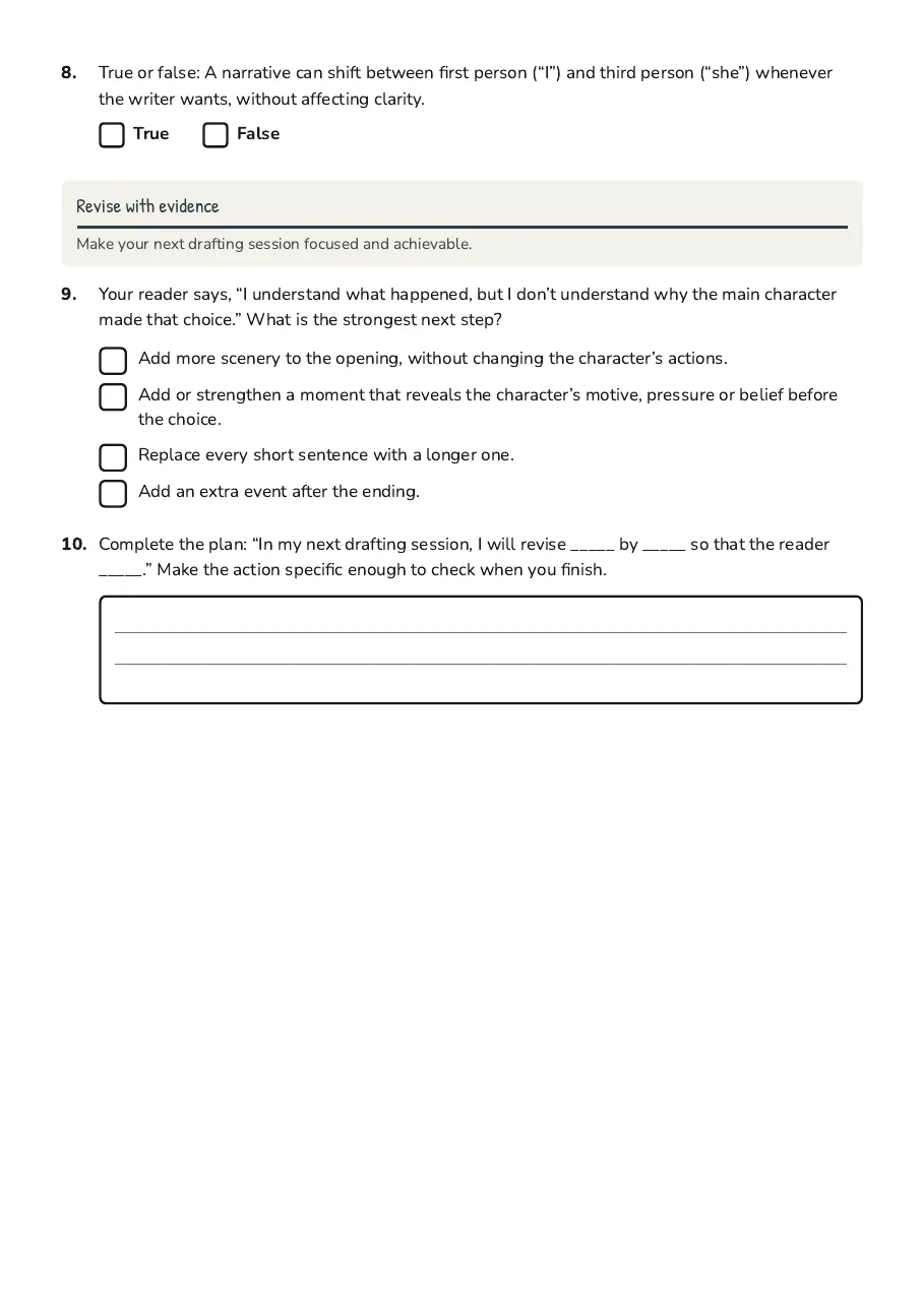 Narrative Drafting Success Checklist, page 3 of 3: Revise with evidence