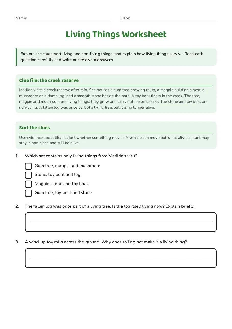 Living Things Worksheet, page 1 of 3: Clue file: the creek reserve, Sort the clues