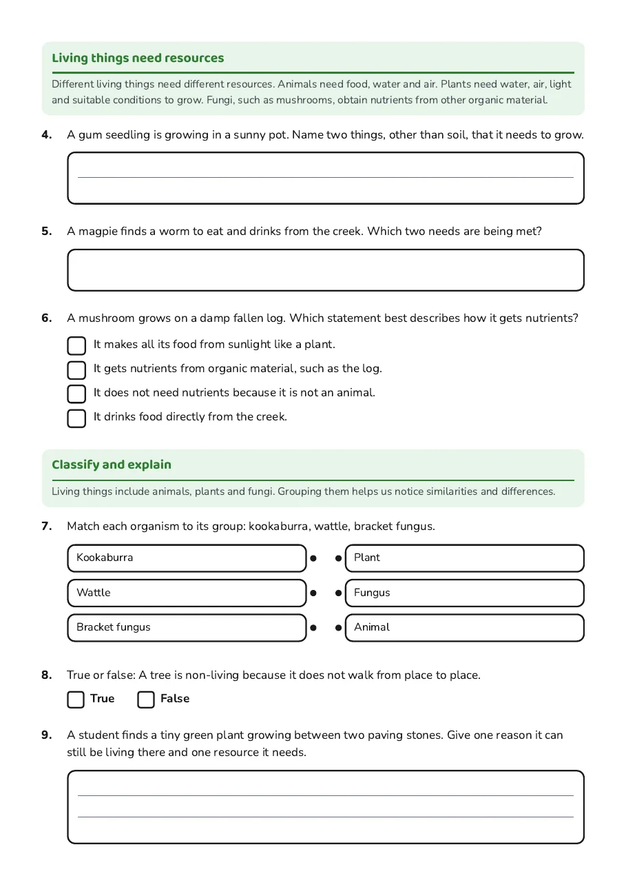 Living Things Worksheet, page 2 of 3: Living things need resources, Classify and explain