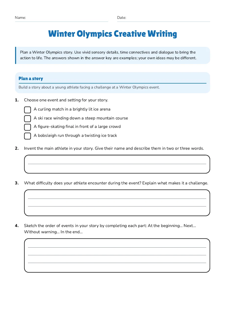 Winter Olympics Creative Writing, page 1 of 2: Plan a story