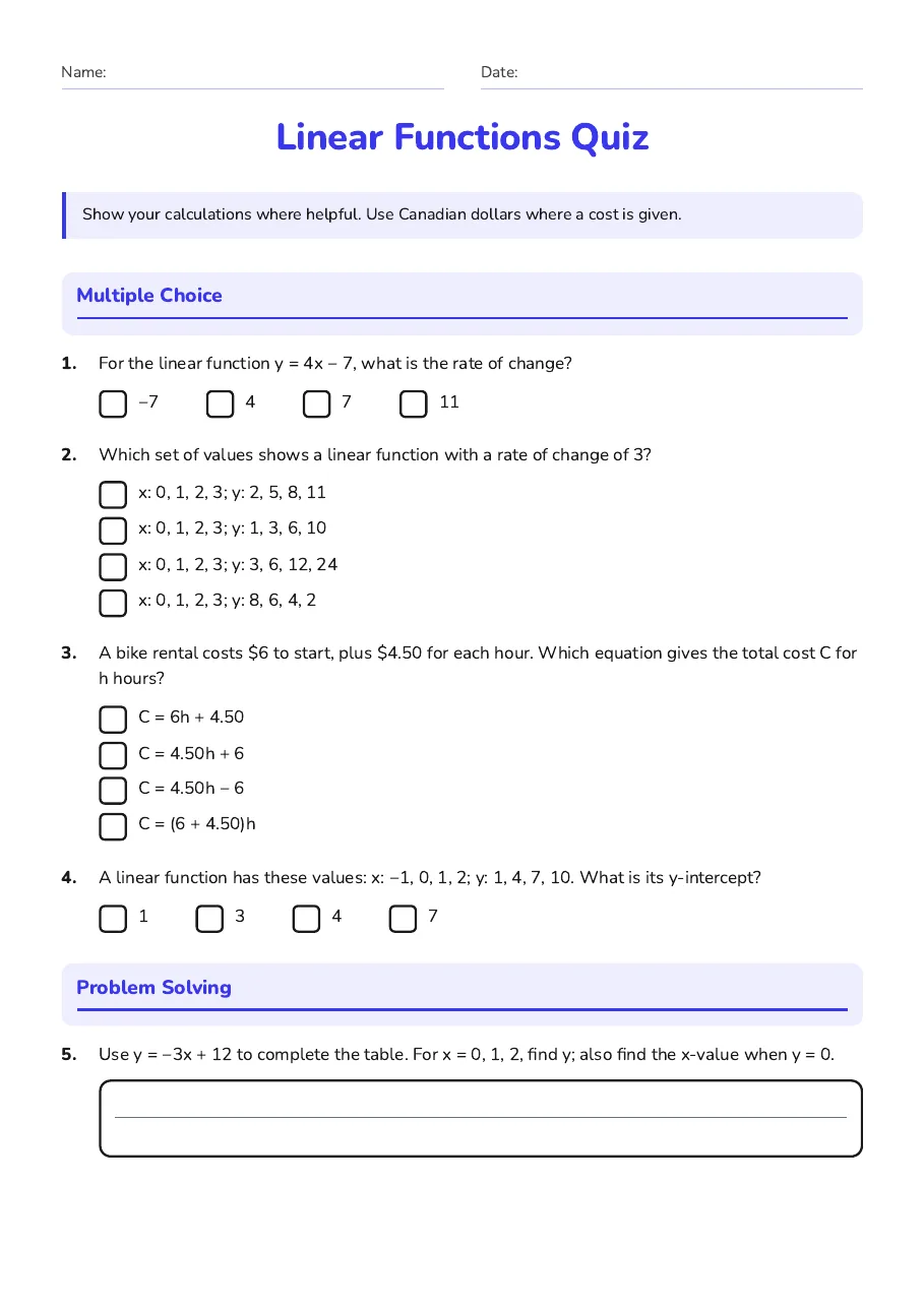 Linear Functions Quiz, page 1 of 3: Multiple Choice, Problem Solving