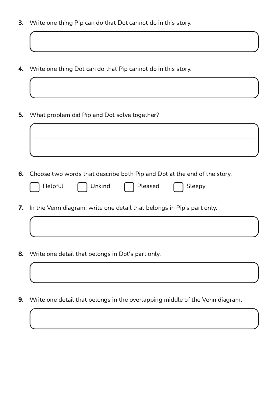 Character Comparison Venn Diagram, page 2 of 3: 3. Write one thing Pip can do that Dot cannot do in this story.
