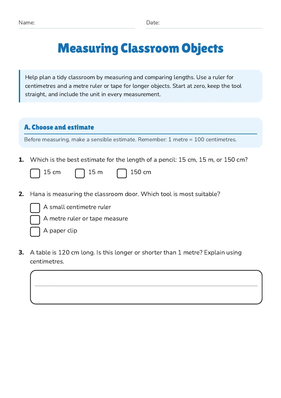 Measuring Classroom Objects, page 1 of 3: A. Choose and estimate