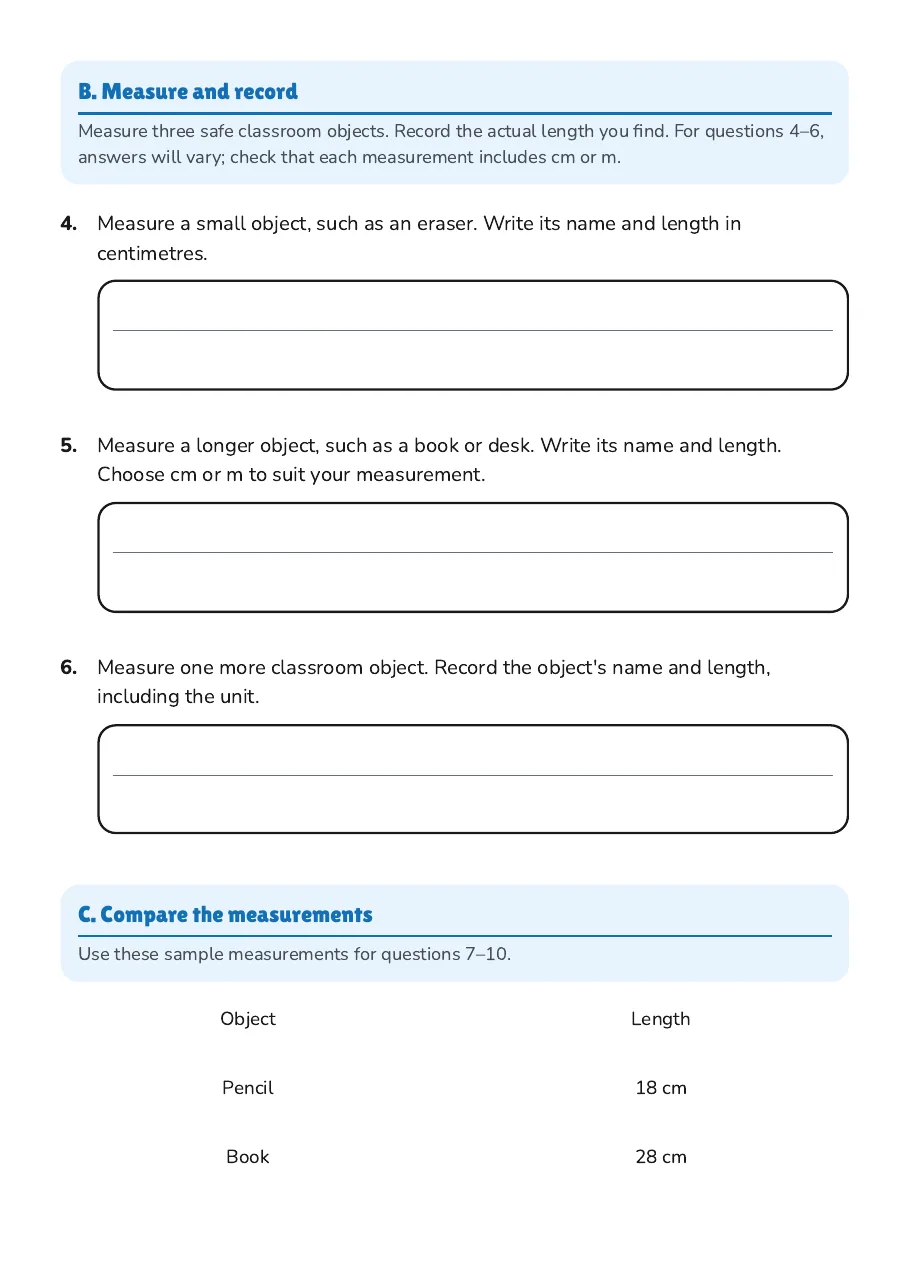Measuring Classroom Objects, page 2 of 3: B. Measure and record, C. Compare the measurements