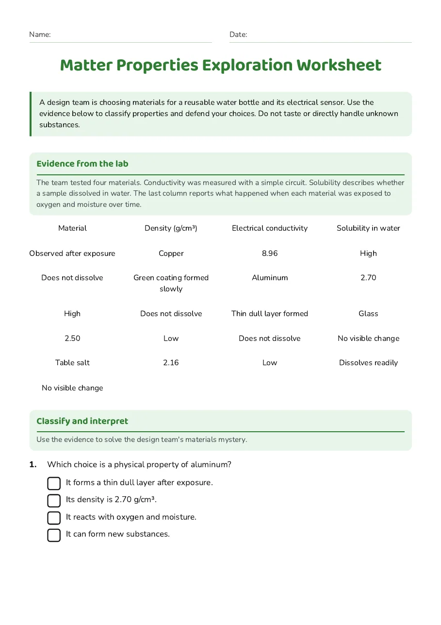 Matter Properties Exploration Worksheet, page 1 of 3: Evidence from the lab, Classify and interpret