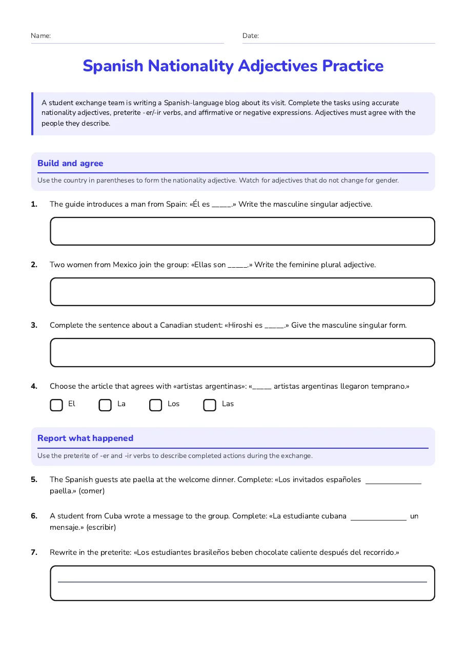 Spanish Nationality Adjectives Practice, page 1 of 2: Build and agree, Report what happened