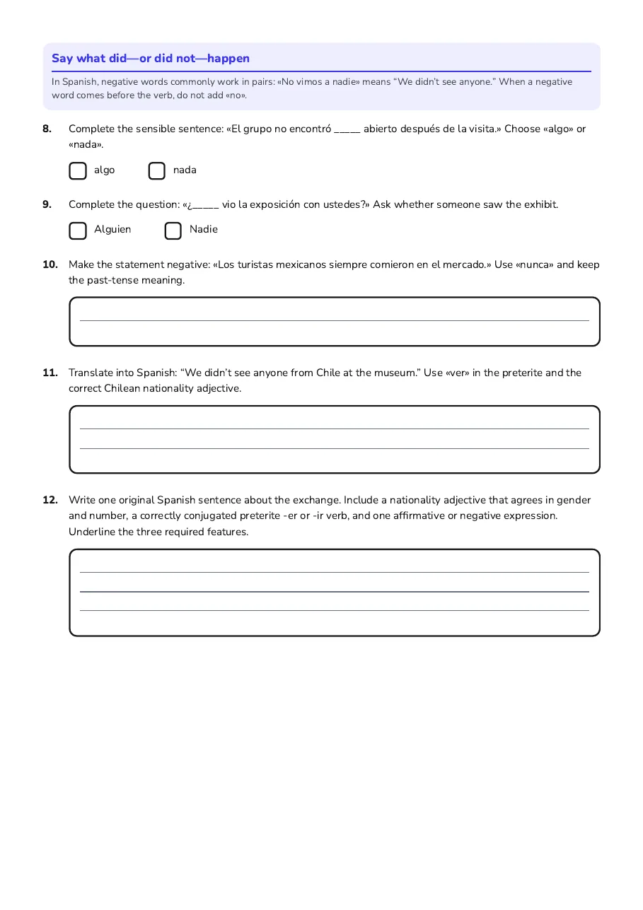 Spanish Nationality Adjectives Practice, page 2 of 2: Say what did—or did not—happen