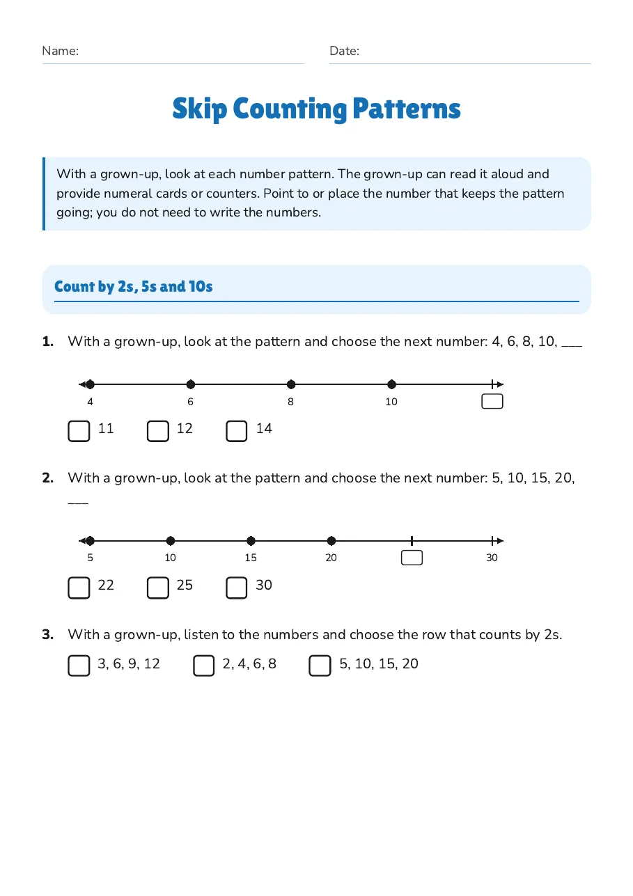 Skip Counting Patterns, page 1 of 3: Count by 2s, 5s and 10s