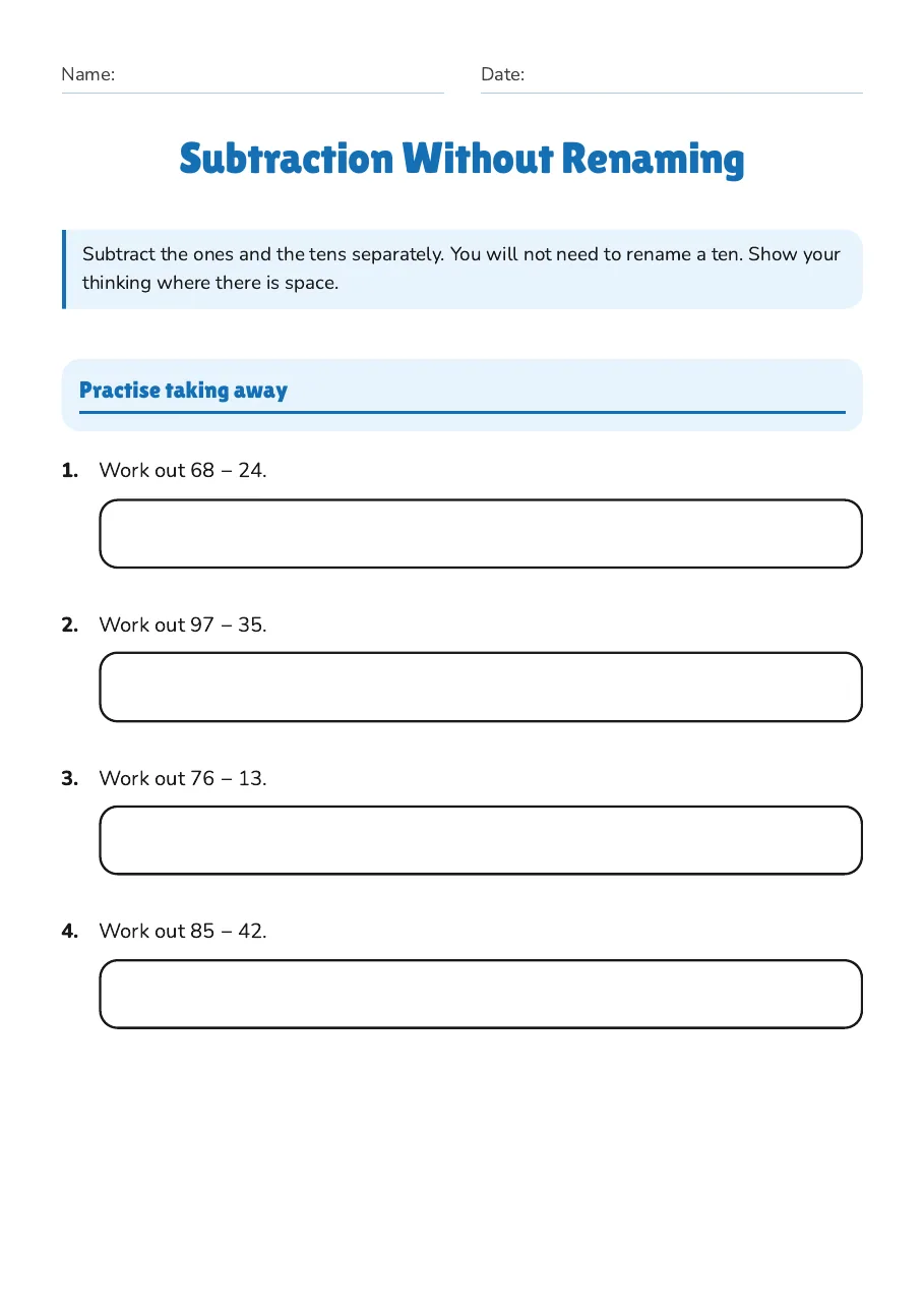 Subtraction Without Renaming, page 1 of 3: Practise taking away