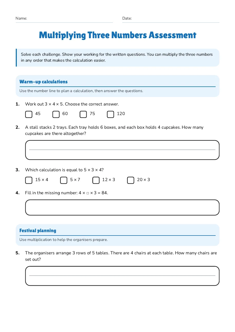 Multiplying Three Numbers Assessment, page 1 of 2: Warm-up calculations, Festival planning