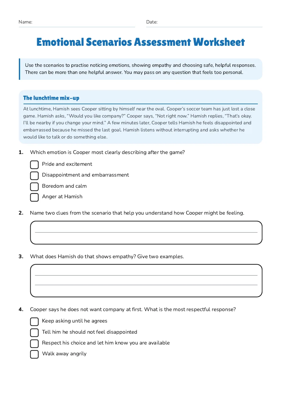 Emotional Scenarios Assessment Worksheet, page 1 of 3: The lunchtime mix-up