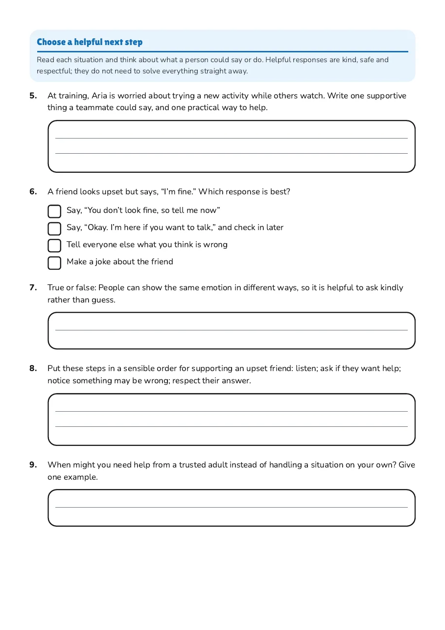 Emotional Scenarios Assessment Worksheet, page 2 of 3: Choose a helpful next step