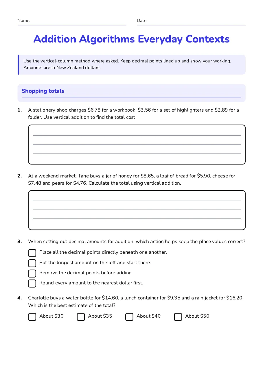 Addition Algorithms Everyday Contexts, page 1 of 3: Shopping totals