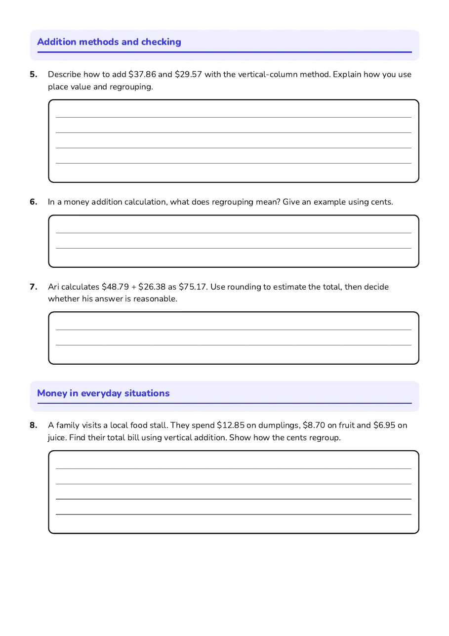 Addition Algorithms Everyday Contexts, page 2 of 3: Addition methods and checking, Money in everyday situations