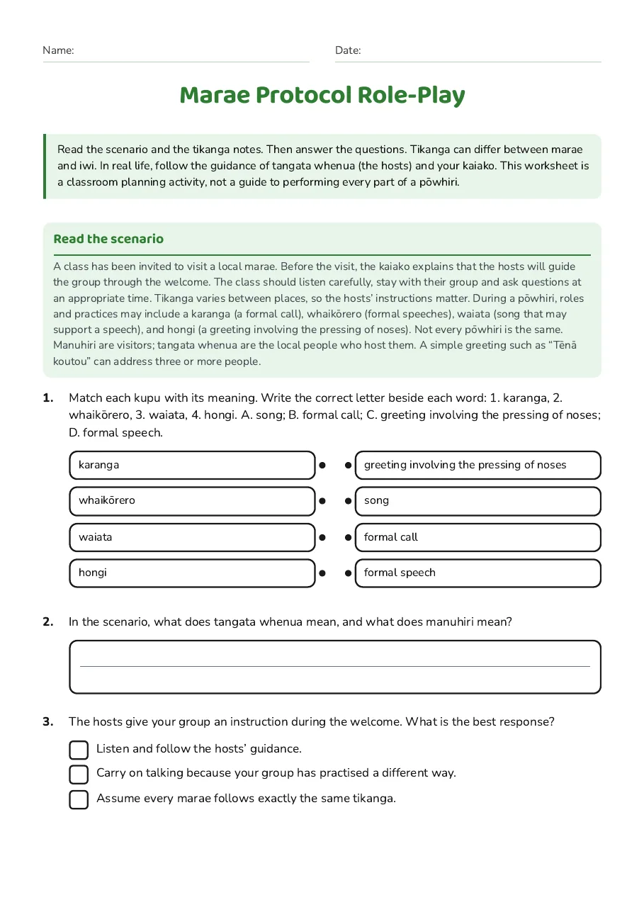 Marae Protocol Role-Play, page 1 of 3: Read the scenario