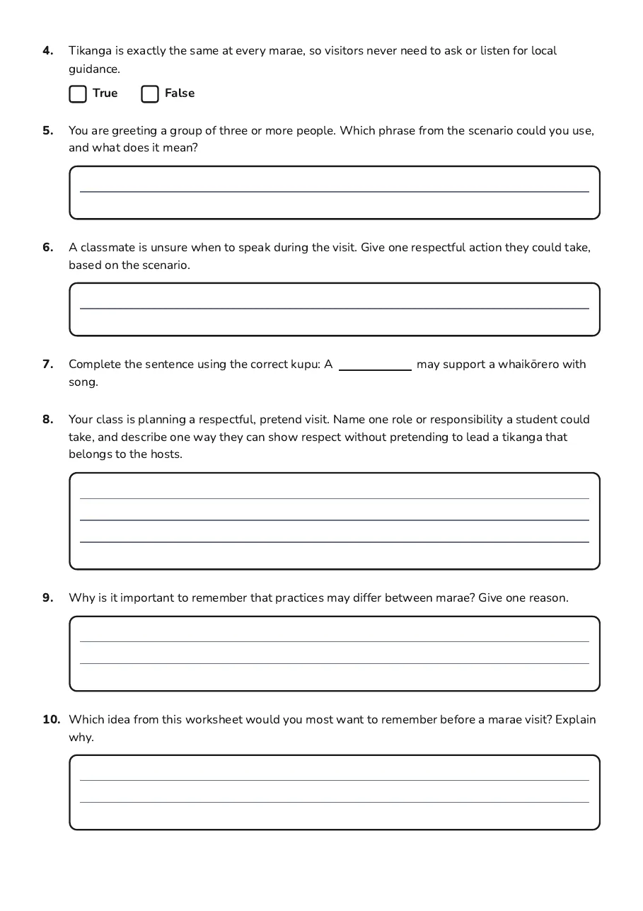 Marae Protocol Role-Play, page 2 of 3: 4. Tikanga is exactly the same at every marae, so visitors never need to ask or listen…