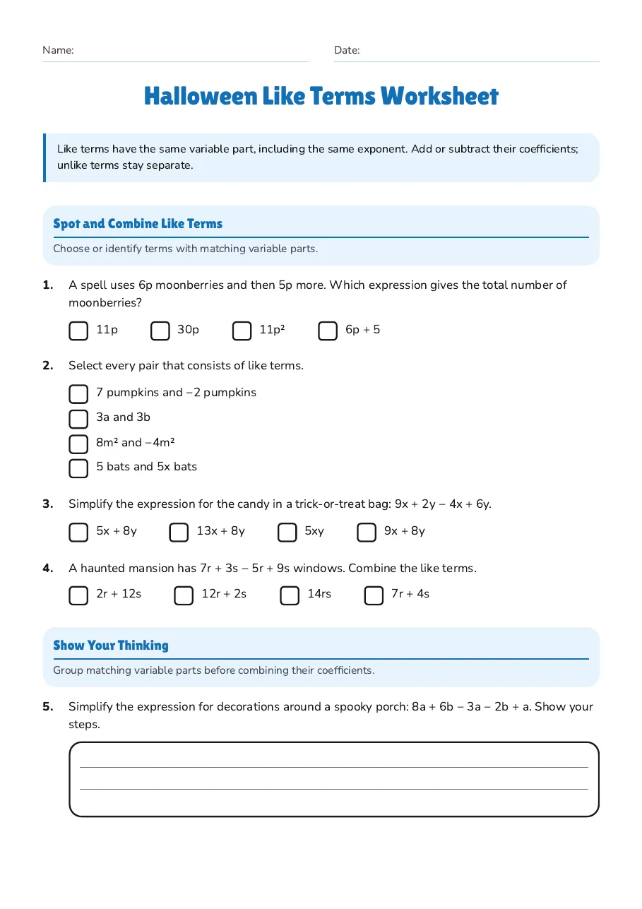 Halloween Like Terms Worksheet, page 1 of 2: Spot and Combine Like Terms, Show Your Thinking
