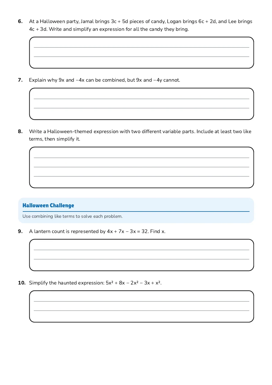 Halloween Like Terms Worksheet, page 2 of 2: Halloween Challenge