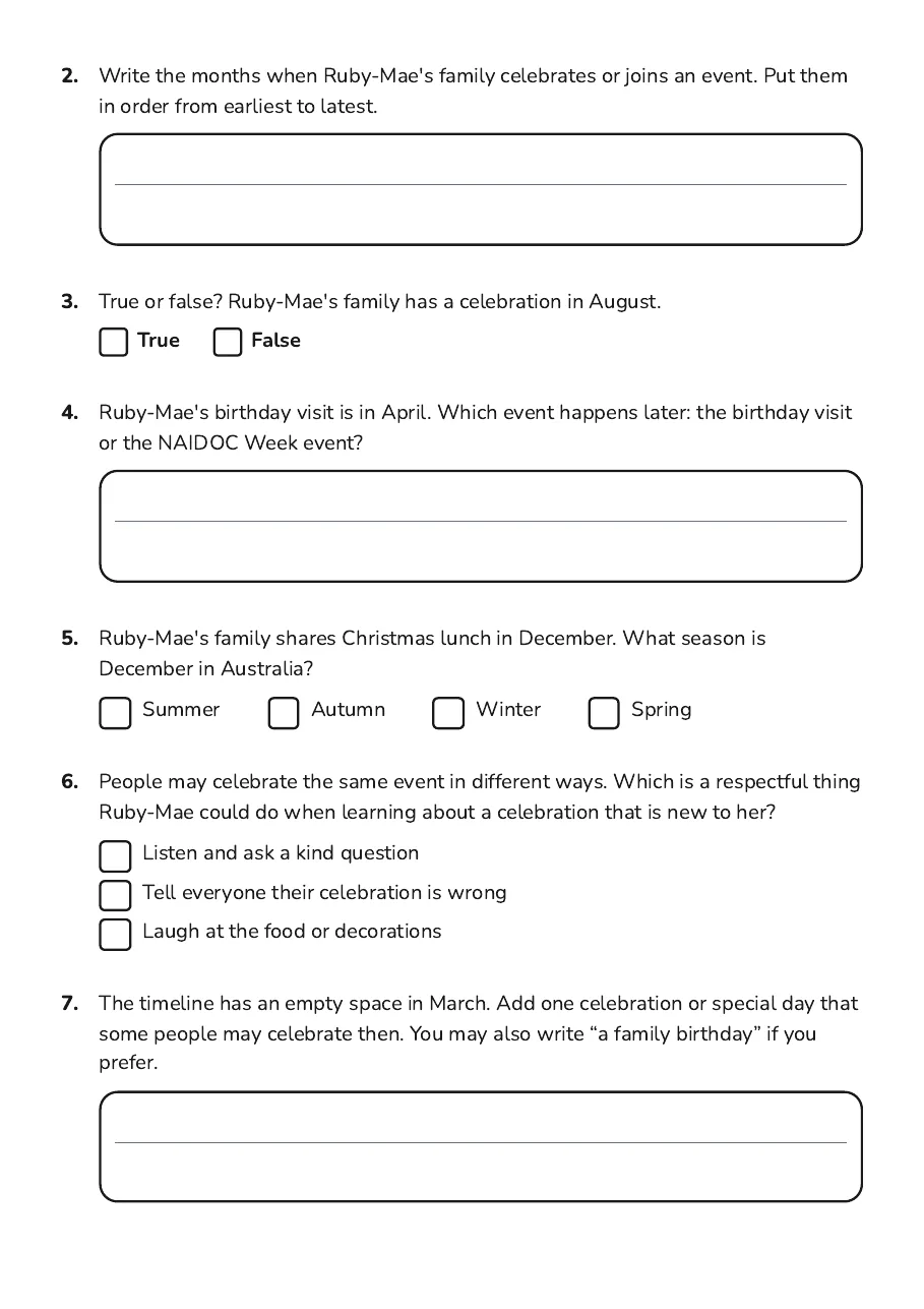 Family Celebrations Timeline, page 2 of 3: 2. Write the months when Ruby-Mae's family celebrates or joins an event. Put them