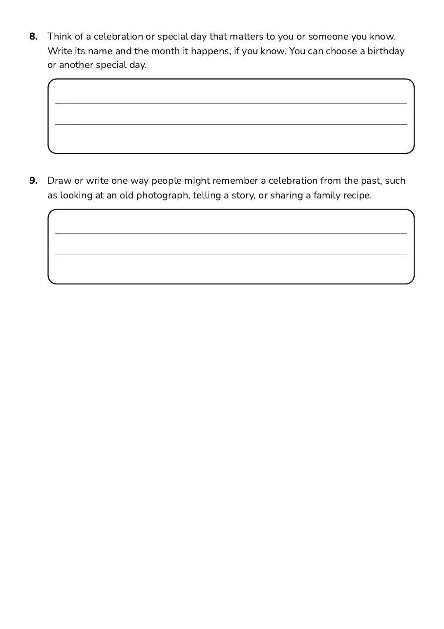 Family Celebrations Timeline, page 3 of 3: 8. Think of a celebration or special day that matters to you or someone you know.