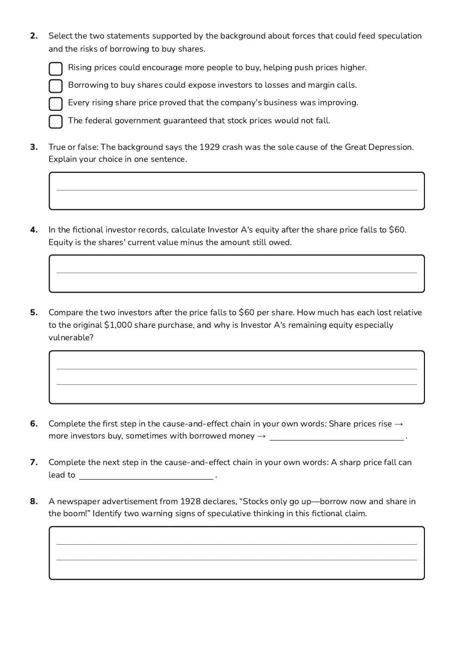 1920s Stock Market Mania, page 2 of 3: 2. Select the two statements supported by the background about forces that could feed…