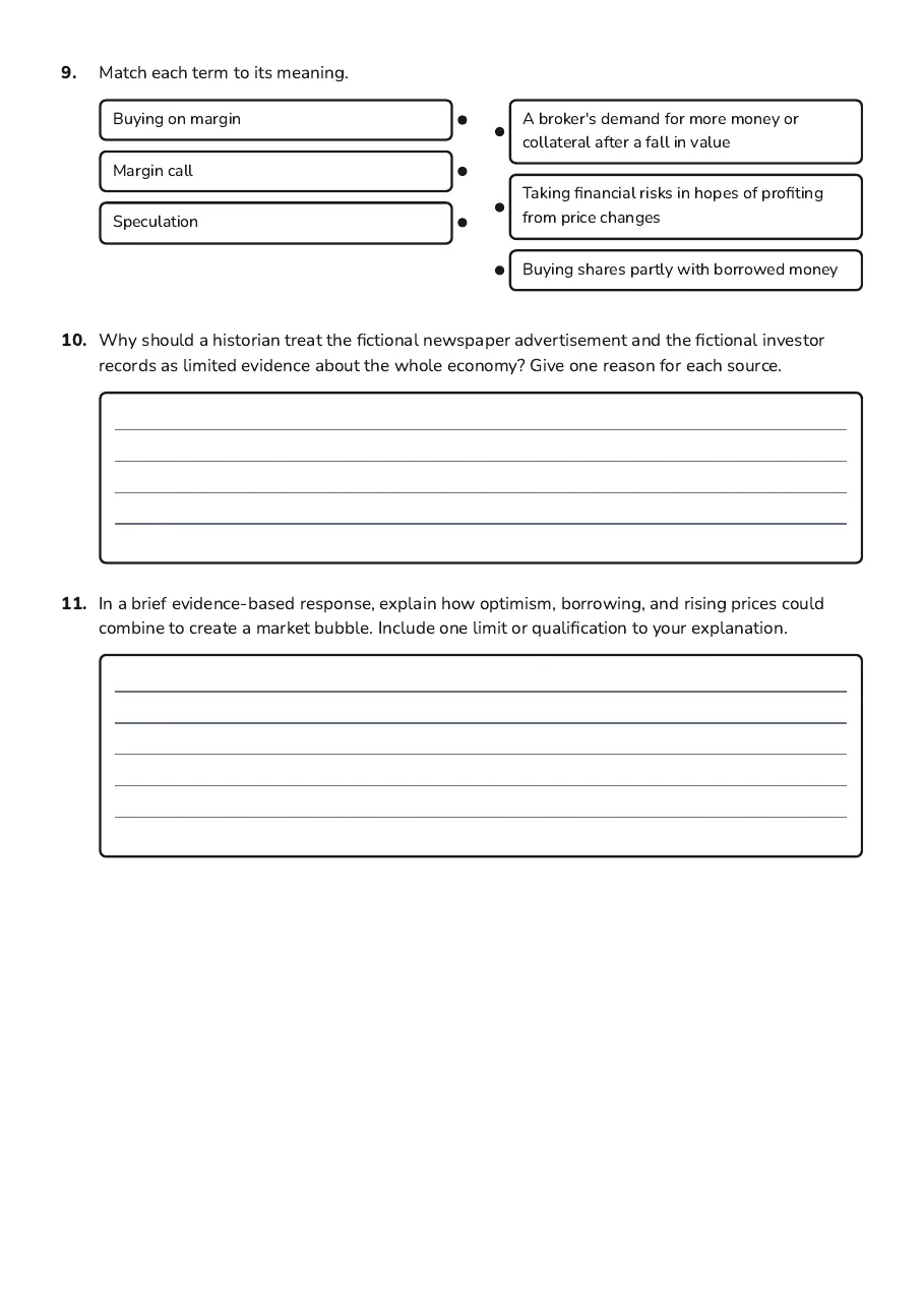 1920s Stock Market Mania, page 3 of 3: 9. Match each term to its meaning.
